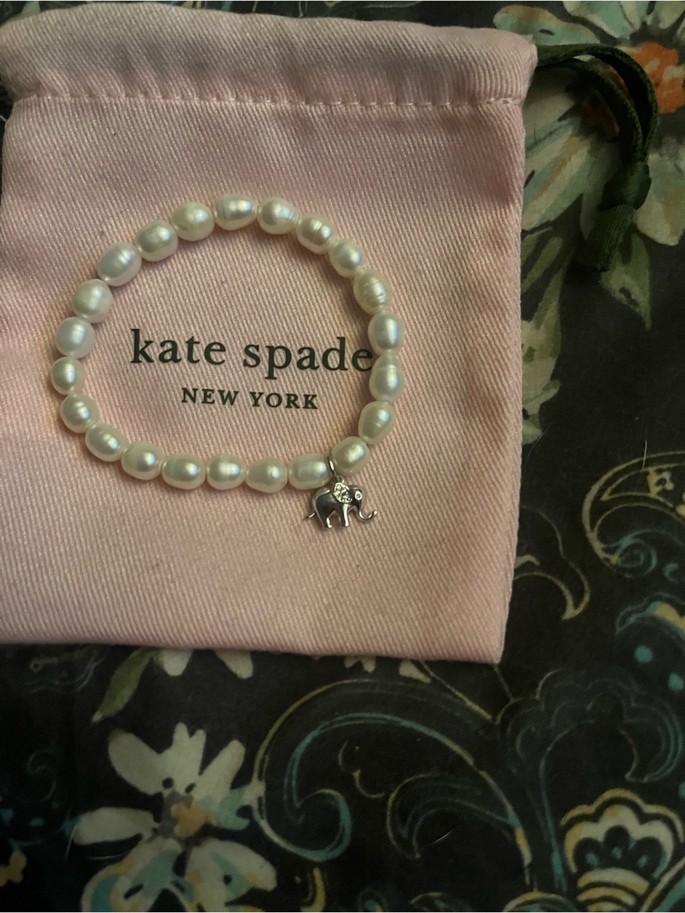 kate spade Pink Pouch Pearl Stretch Bracelet with Elephant Charm